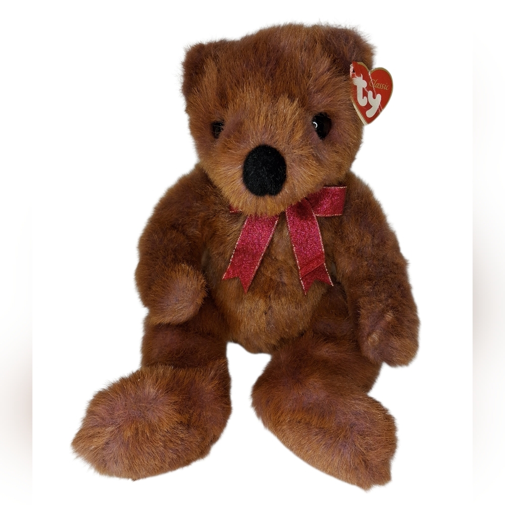 TY Classic Taffybeary Bear Plush Brown Red Bow Stuffed Animal Toy